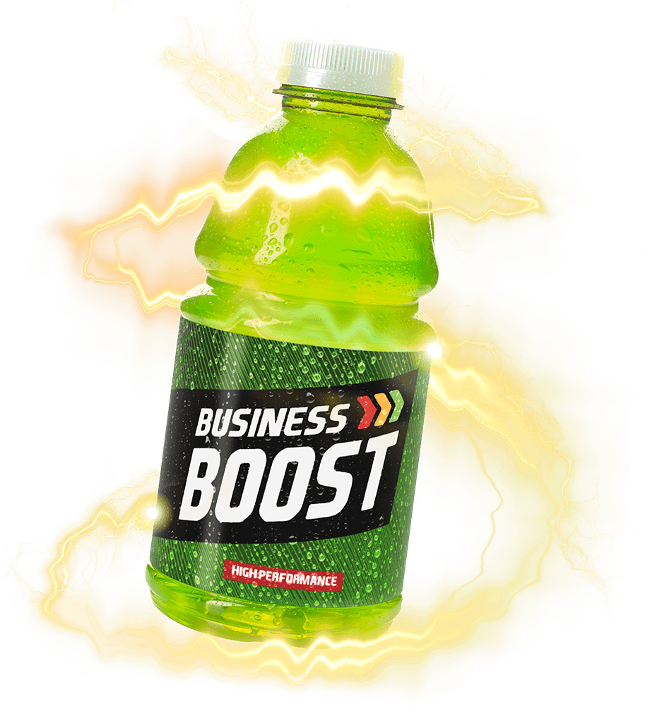 Energy drink bottle labeled Business Boost